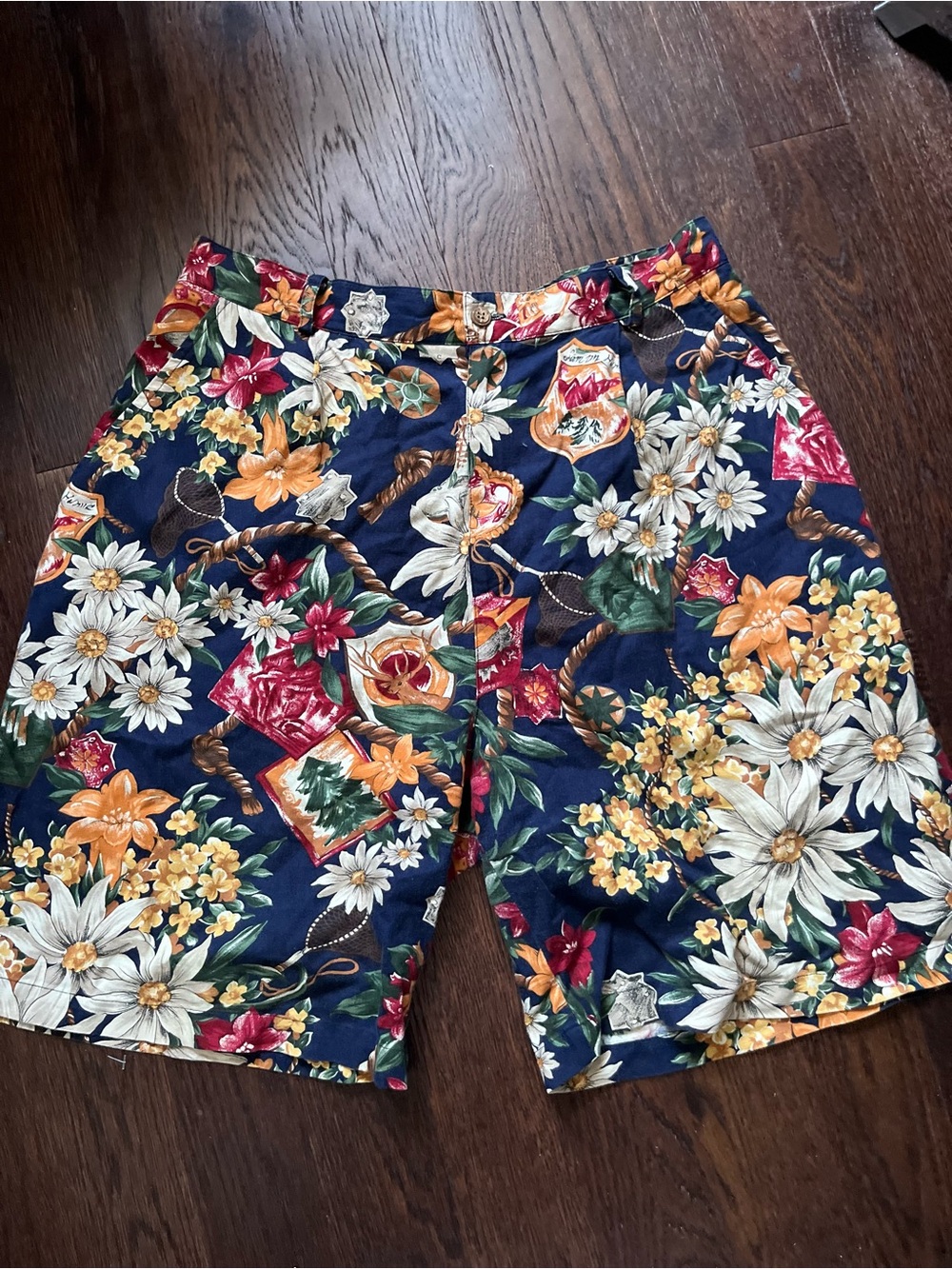 Vintage Ruff Hewn Navy Floral Print Bermuda Shorts Linen Cotton Blend